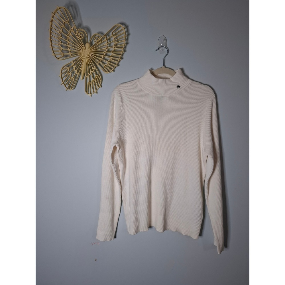 Lauren Ralph Lauren Mock Neck Ribbed Cotton Sweater Cream White XL